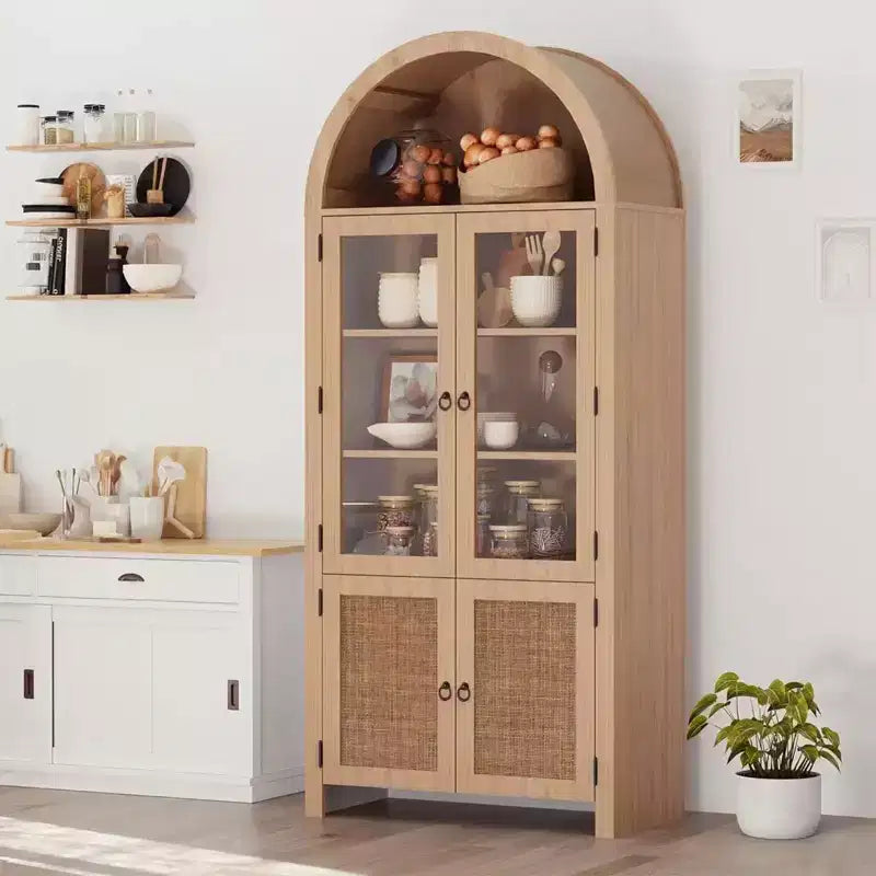 COZONY 71 Arched Pantry Cabinet with Rattan Doors and Drawer Tall Wood Storage Cabinet with 6 Shelves