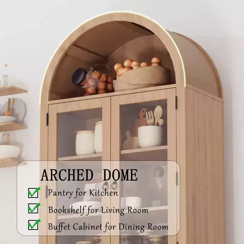 Armoire de garde-manger cintrée avec portes en rotin et tiroir, grande armoire de rangement en bois