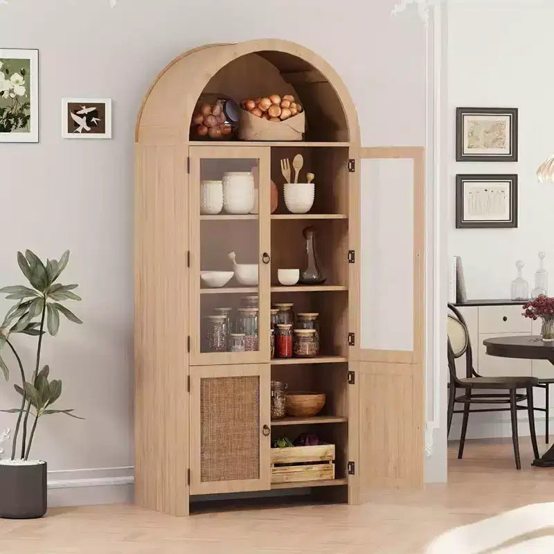 Armoire de garde-manger cintrée avec portes en rotin et tiroir, grande armoire de rangement en bois