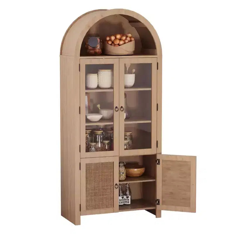 Armoire de garde-manger cintrée avec portes en rotin et tiroir, grande armoire de rangement en bois