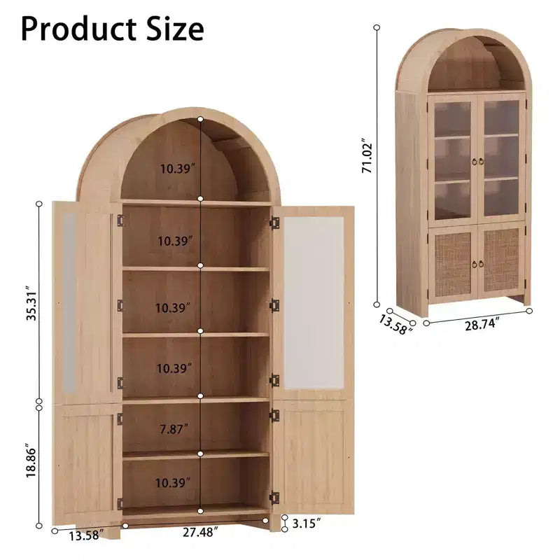 Armoire de garde-manger cintrée avec portes en rotin et tiroir, grande armoire de rangement en bois