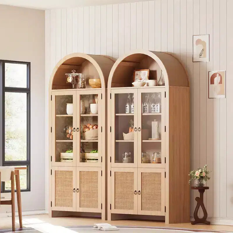 Armoire de garde-manger cintrée avec portes en rotin et tiroir, grande armoire de rangement en bois