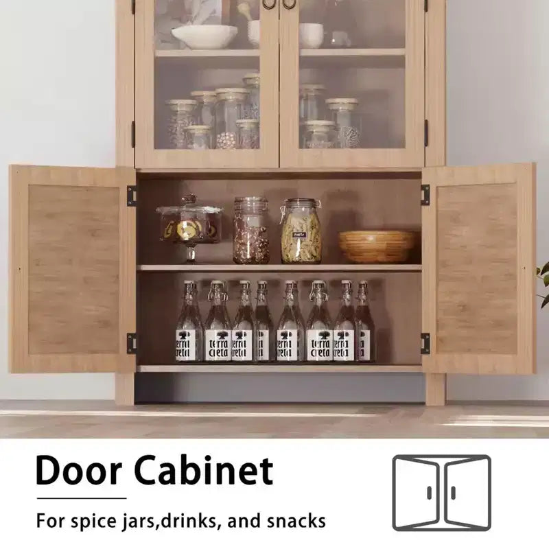 Armoire de garde-manger cintrée avec portes en rotin et tiroir, grande armoire de rangement en bois