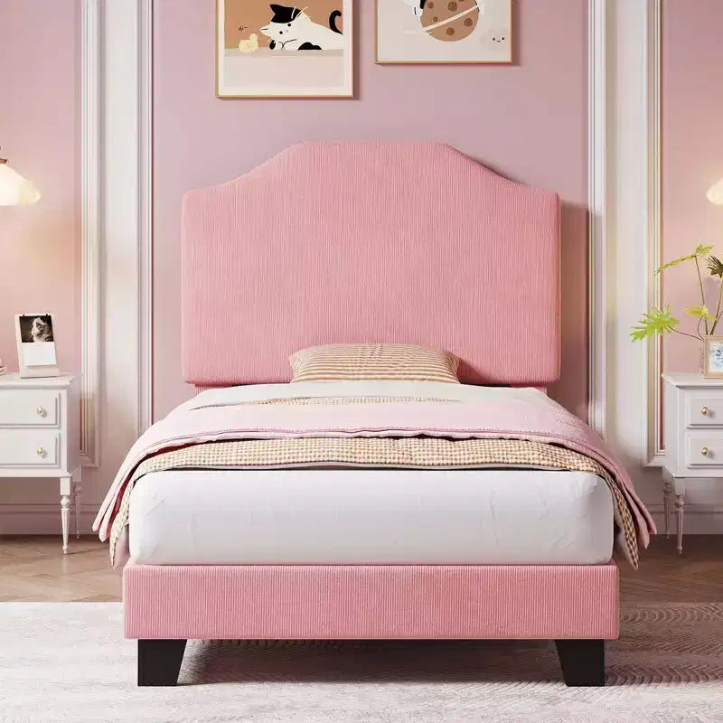 COZONY Twin Size Upholstered Platform Bed Frame with Corduroy Headboard Adjustable Headboard Wood Slats Support No Box Spring