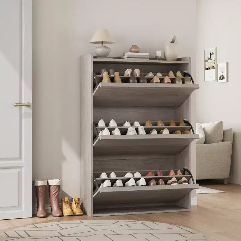 Modern Wooden Shoe Cabinet Organizer Adjustable Shelves Freestanding Hidden Rack Space-Saving for Home Hallway