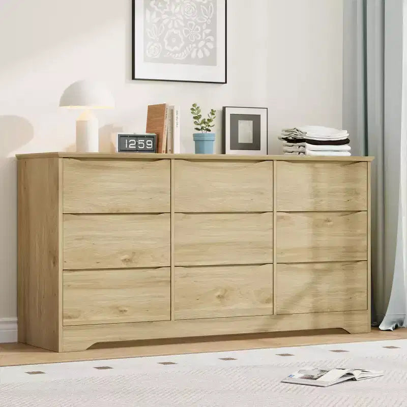 Modern Wooden Dresser with 9 Drawers Large Chest of Drawers with Deep Storage & Wide Top Tall Organizer for Bedroom Living & Kids Room Natural