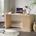 Modern Fluted Executive Desk 60in Wide Wooden Computer Workstation with Storage Drawer & Cabinet Large Oak Office Desk for Home Study Workspace