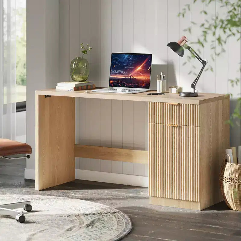 Modern Fluted Executive Desk 60in Wide Wooden Computer Workstation with Storage Drawer & Cabinet Large Oak Office Desk for Home Study Workspace