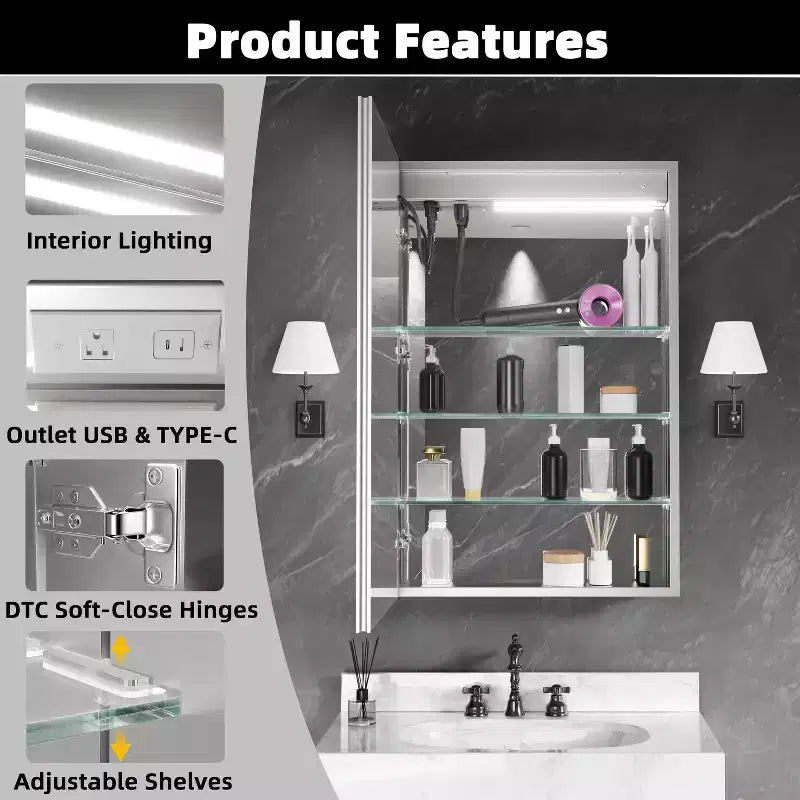 Armoire à pharmacie en aluminium lumineux avec miroir dimmable