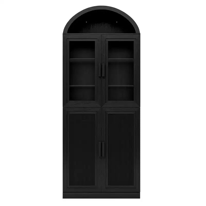 Vitrine arquée Meuble de rangement autoportant avec portes en verre et en rotin