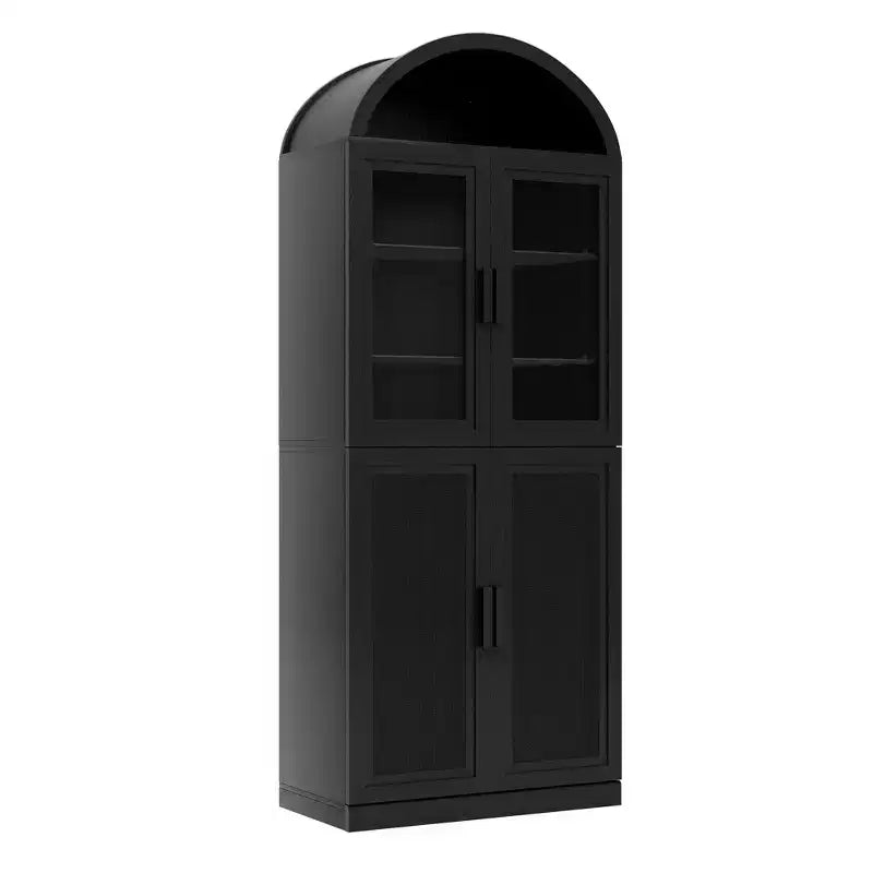 Vitrine arquée Meuble de rangement autoportant avec portes en verre et en rotin