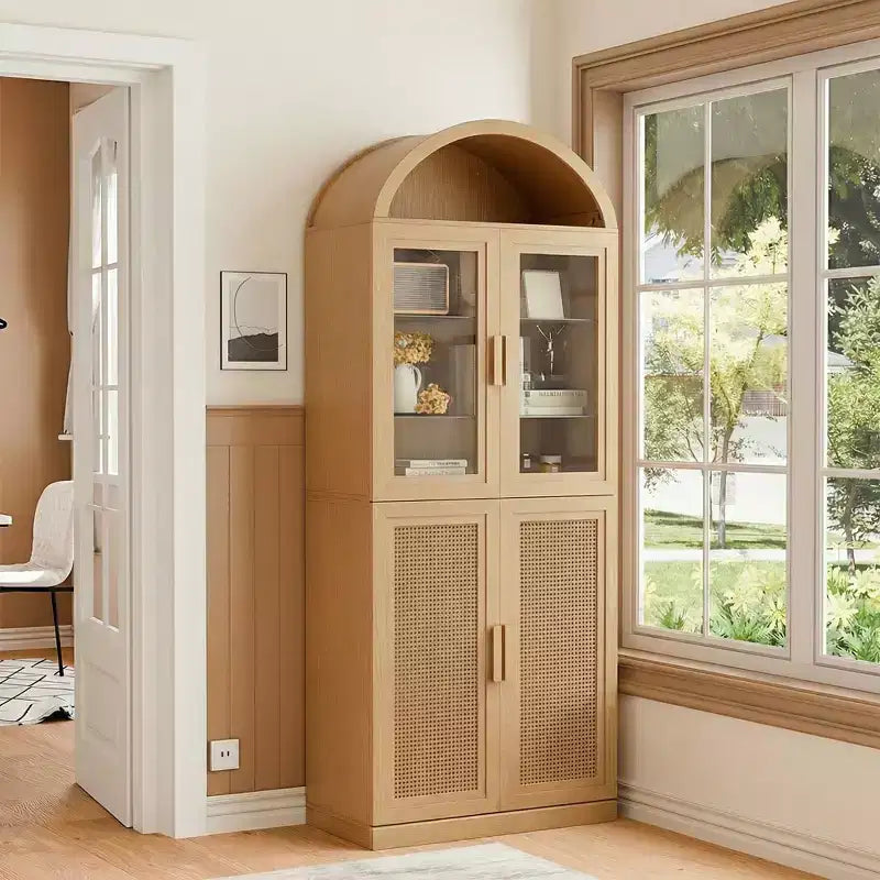 Vitrine arquée Meuble de rangement autoportant avec portes en verre et en rotin