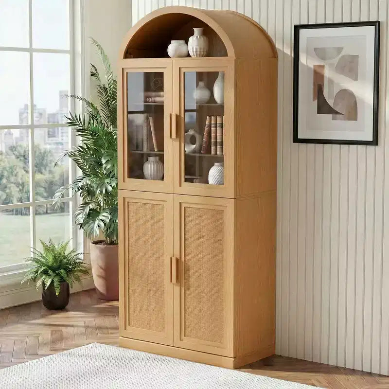 Vitrine arquée Meuble de rangement autoportant avec portes en verre et en rotin