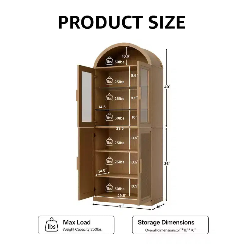 Vitrine arquée Meuble de rangement autoportant avec portes en verre et en rotin