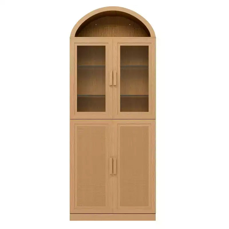 Vitrine arquée Meuble de rangement autoportant avec portes en verre et en rotin