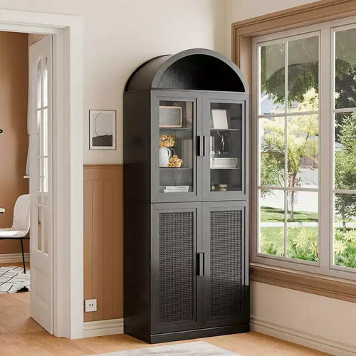 Vitrine arquée Meuble de rangement autoportant avec portes en verre et en rotin