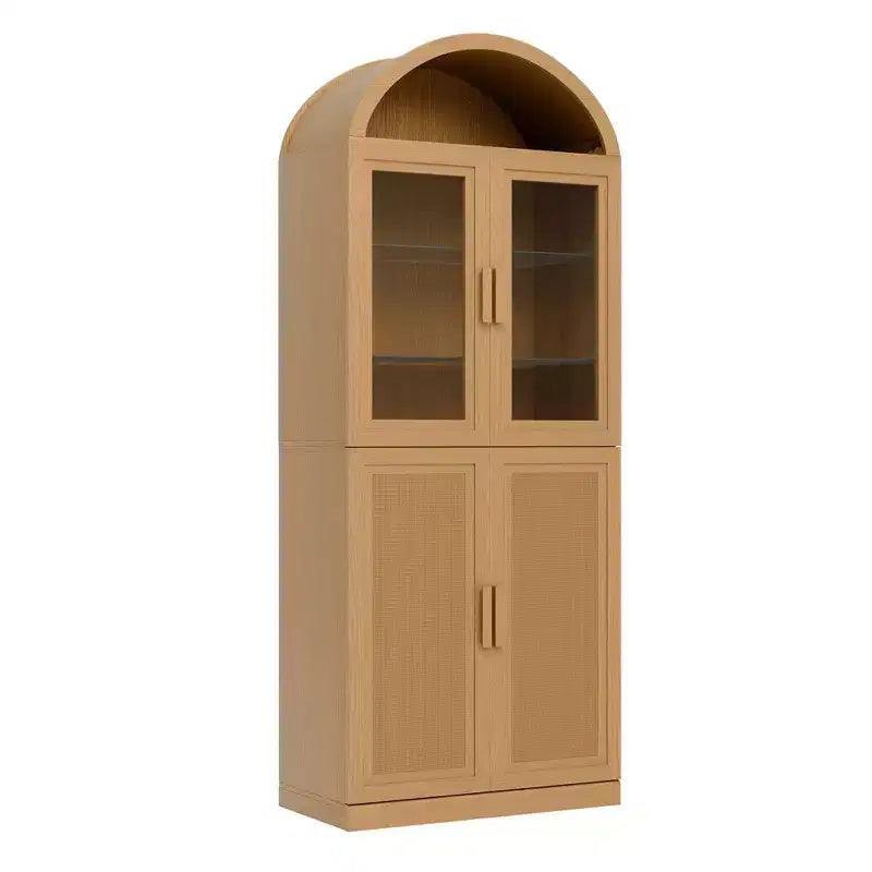 Vitrine arquée Meuble de rangement autoportant avec portes en verre et en rotin