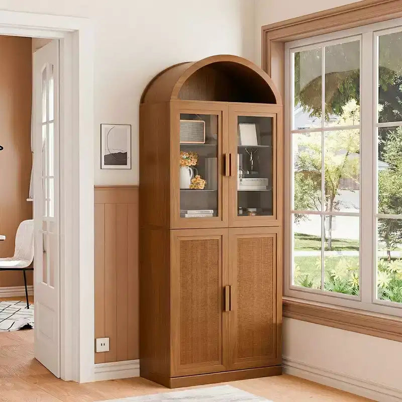 Vitrine arquée Meuble de rangement autoportant avec portes en verre et en rotin