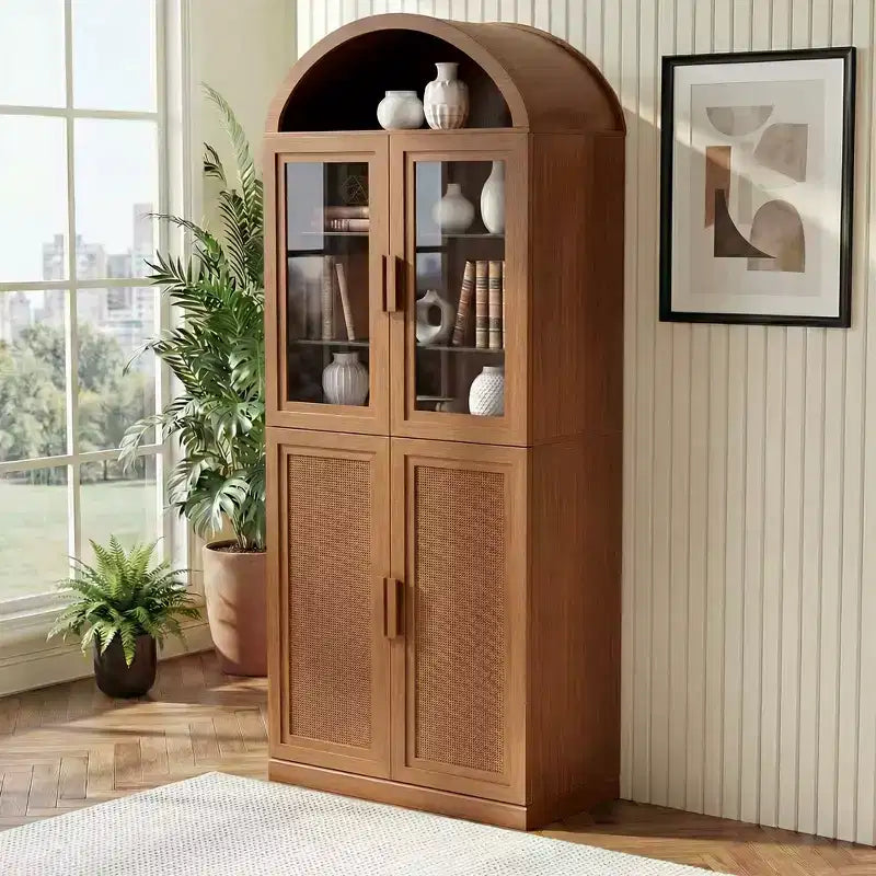 Vitrine arquée Meuble de rangement autoportant avec portes en verre et en rotin