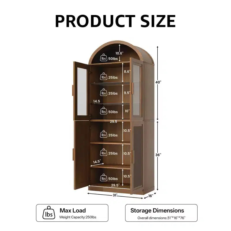Vitrine arquée Meuble de rangement autoportant avec portes en verre et en rotin