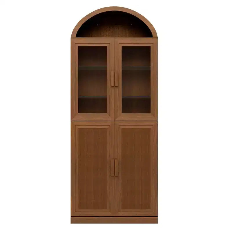Vitrine arquée Meuble de rangement autoportant avec portes en verre et en rotin