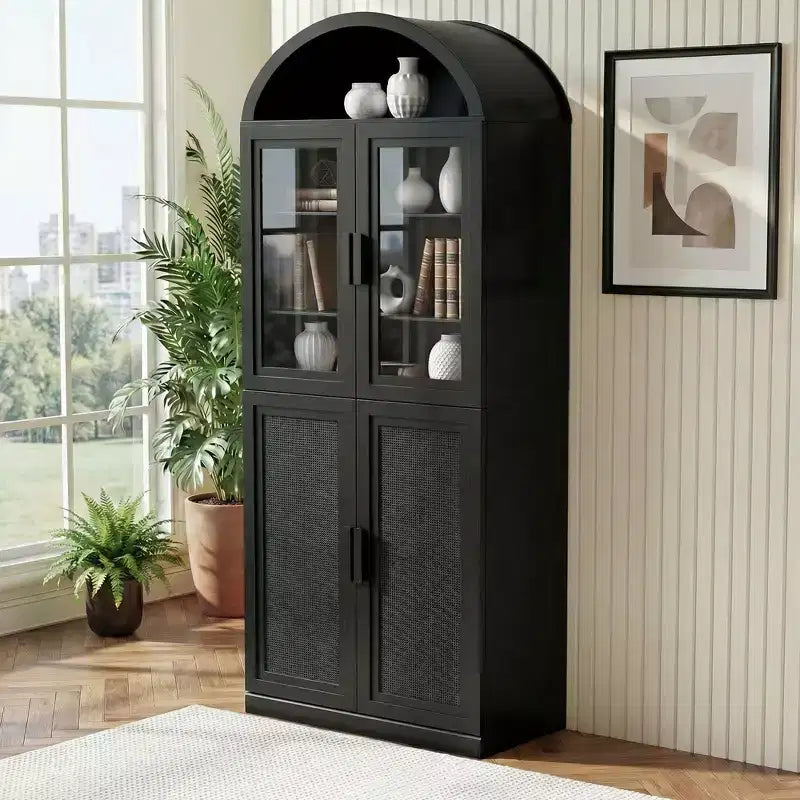 Vitrine arquée Meuble de rangement autoportant avec portes en verre et en rotin