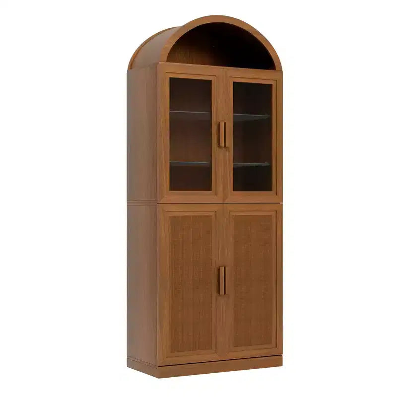 Vitrine arquée Meuble de rangement autoportant avec portes en verre et en rotin