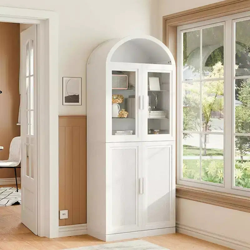 Vitrine arquée Meuble de rangement autoportant avec portes en verre et en rotin