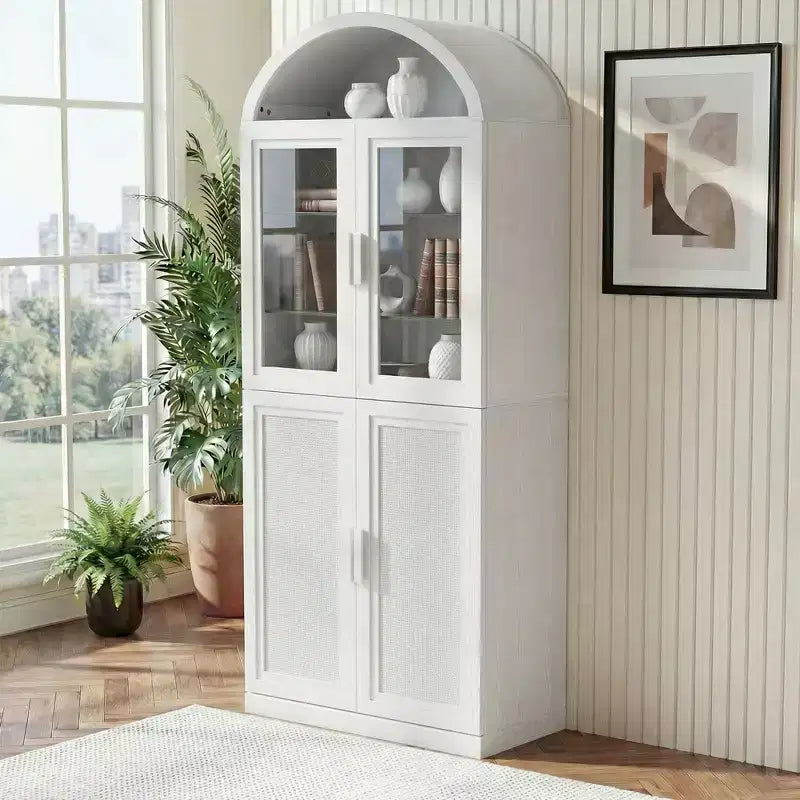 Vitrine arquée Meuble de rangement autoportant avec portes en verre et en rotin
