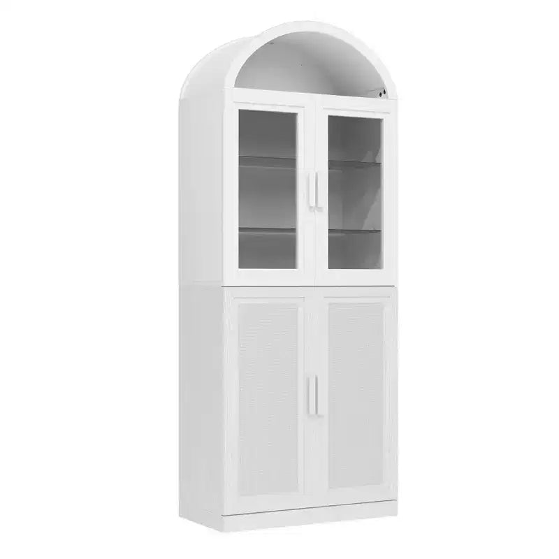 Vitrine arquée Meuble de rangement autoportant avec portes en verre et en rotin