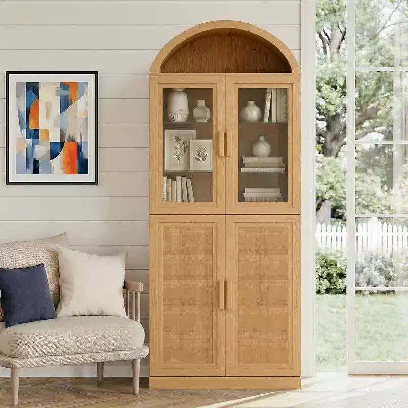 Vitrine arquée Meuble de rangement autoportant avec portes en verre et en rotin
