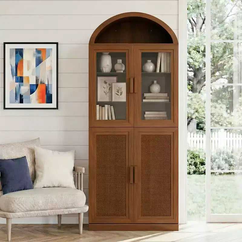 Vitrine arquée Meuble de rangement autoportant avec portes en verre et en rotin