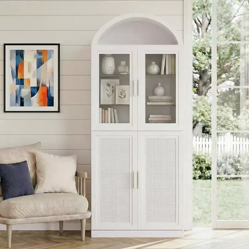 Vitrine arquée Meuble de rangement autoportant avec portes en verre et en rotin