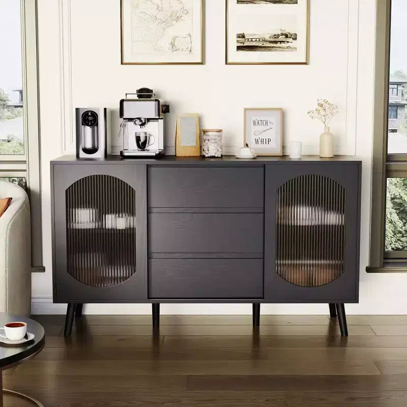 Contemporary Black Buffet Cabinet Ample Storage Sideboard with Fluted Glass Sliding Doors and Drawers Ideal for Kitchen Dining or Living Room