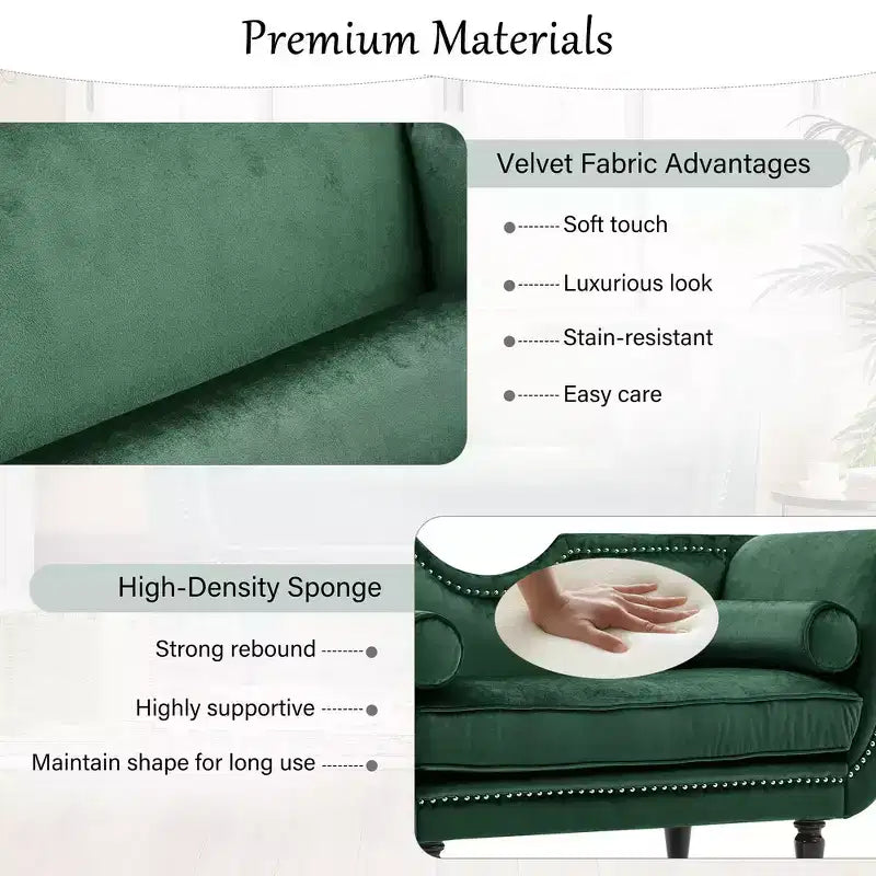 Banc en velours avec accoudoirs roulés et accents cloutés et pied de lit rembourré minimaliste