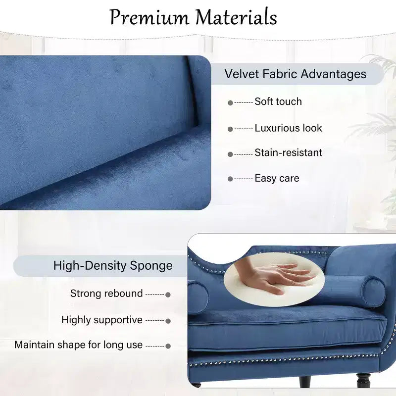 Banc en velours avec accoudoirs roulés et accents cloutés et pied de lit rembourré minimaliste