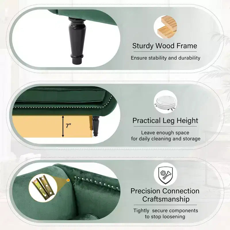 Banc en velours avec accoudoirs roulés et accents cloutés et pied de lit rembourré minimaliste