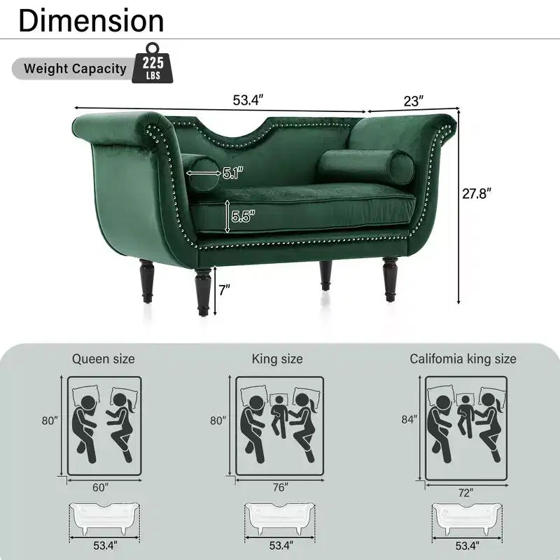 Banc en velours avec accoudoirs roulés et accents cloutés et pied de lit rembourré minimaliste