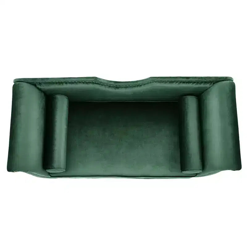 Banc en velours avec accoudoirs roulés et accents cloutés et pied de lit rembourré minimaliste