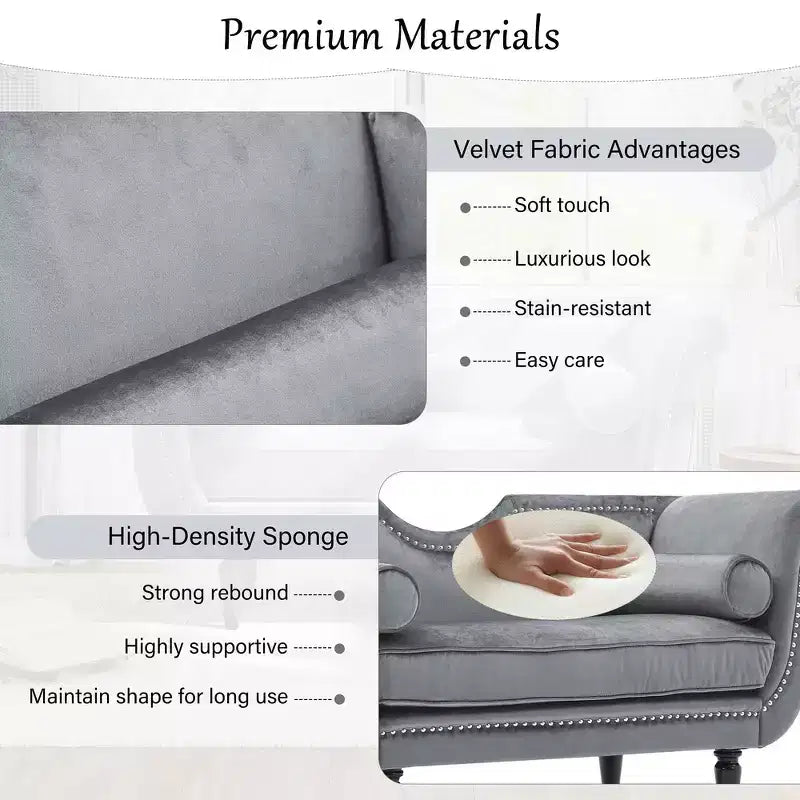Banc en velours avec accoudoirs roulés et accents cloutés et pied de lit rembourré minimaliste