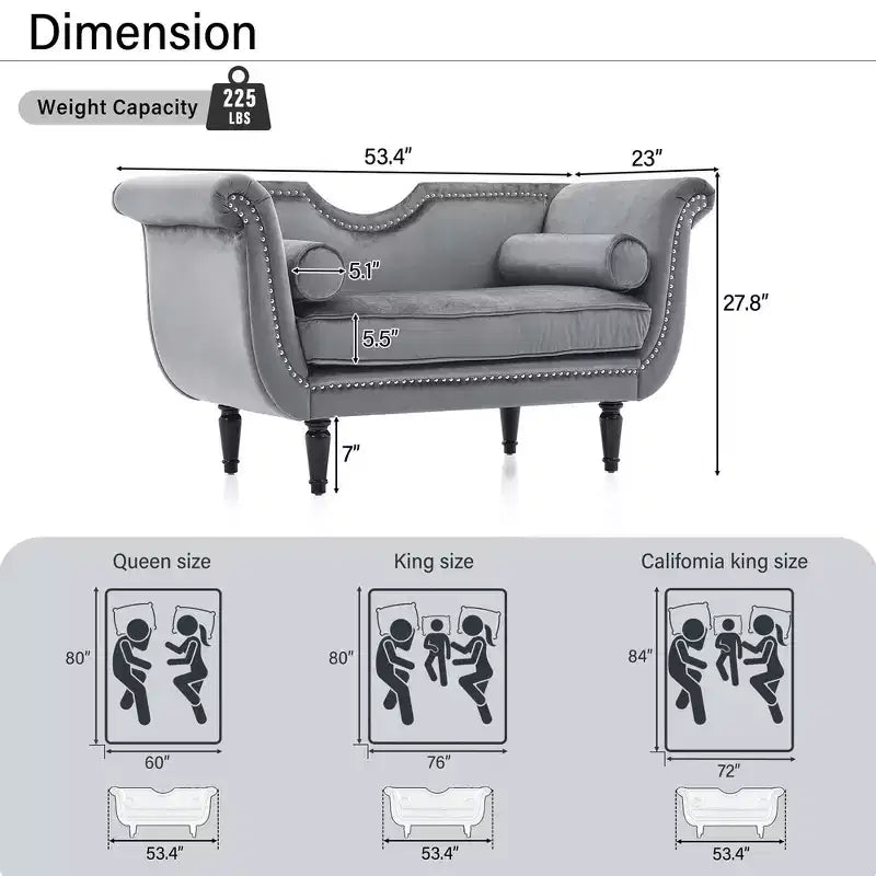 Banc en velours avec accoudoirs roulés et accents cloutés et pied de lit rembourré minimaliste