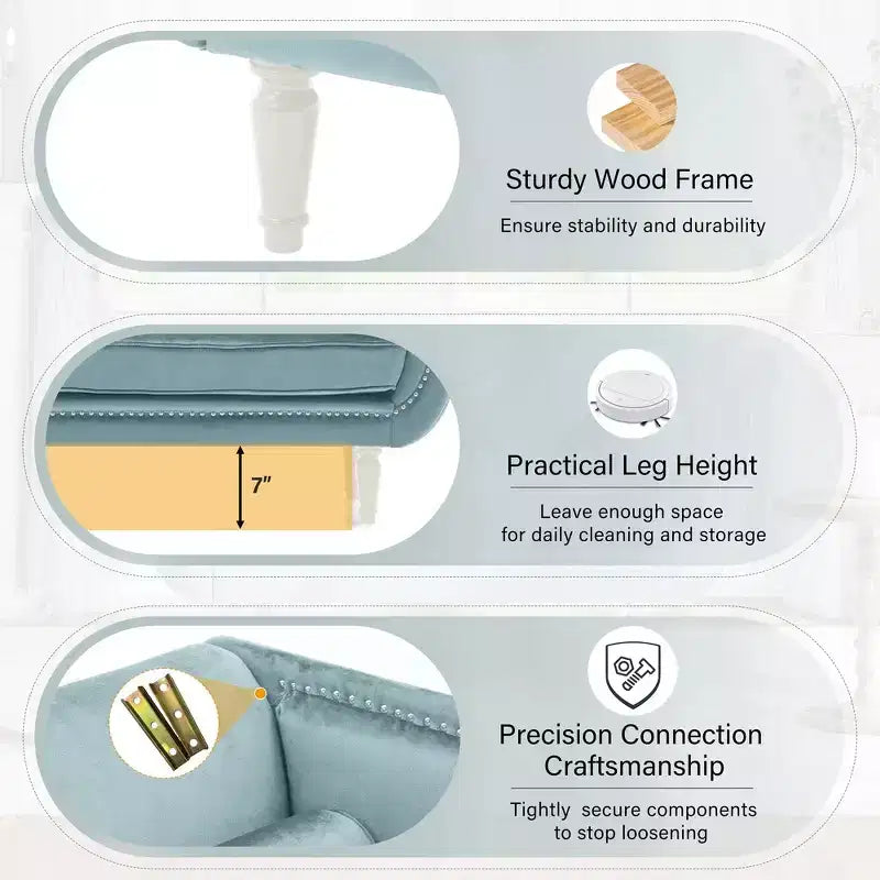 Banc en velours avec accoudoirs roulés et accents cloutés et pied de lit rembourré minimaliste