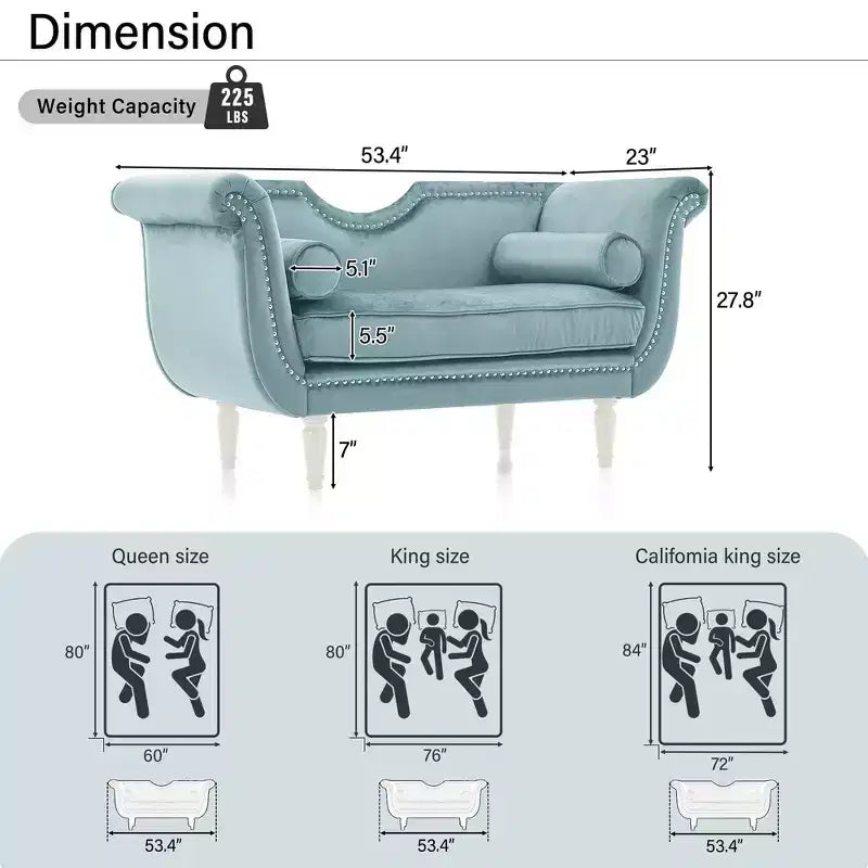 Banc en velours avec accoudoirs roulés et accents cloutés et pied de lit rembourré minimaliste