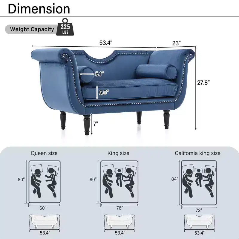 Banc en velours avec accoudoirs roulés et accents cloutés et pied de lit rembourré minimaliste