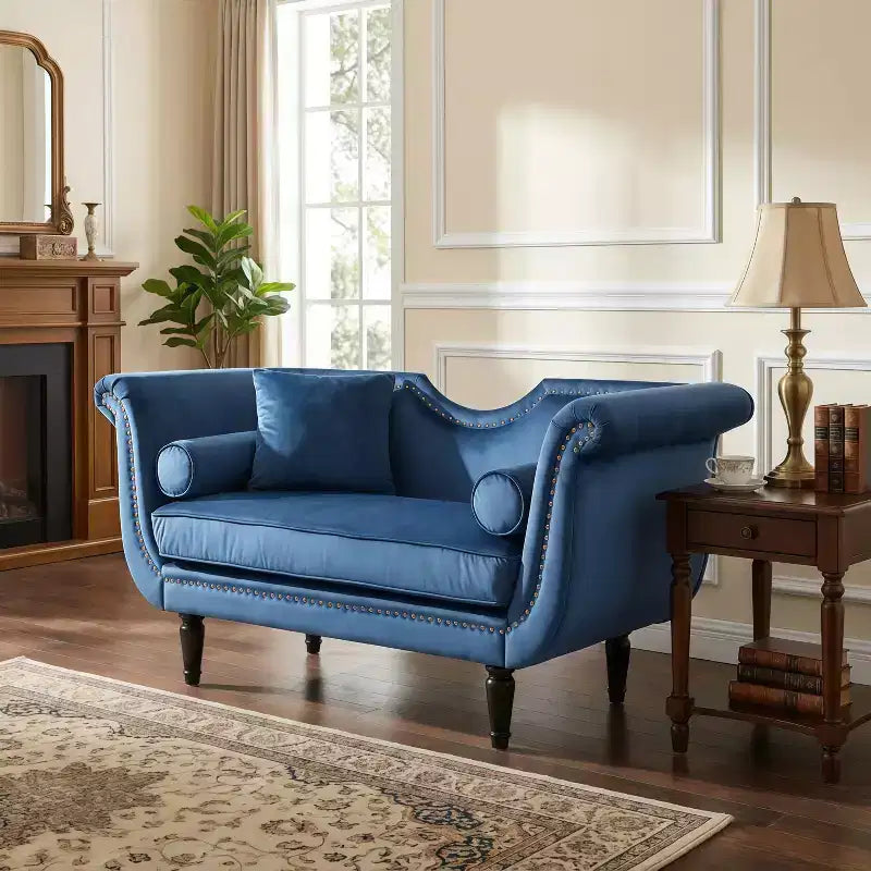 Whisen 53''Velvet Bench with Rolled Arms Rivet Accents Minimalist Upholstered Footboard Seat 2 Pillows High Density Foam Cushion