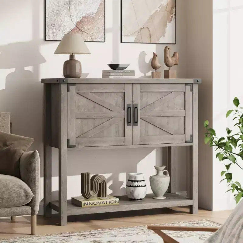 Farmhouse Console Table with 2-Door and 2 Drawers Buffet Cabinet Wood Coffee Bar Cabinet for Kitchen Dining Room Living Room Entryway (White)