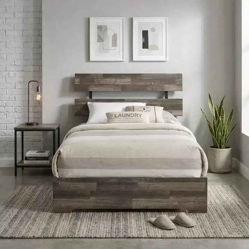 GDFStudio Dalton Rustic Industrial Wood Platform Bed Frame with Slatted Headboard