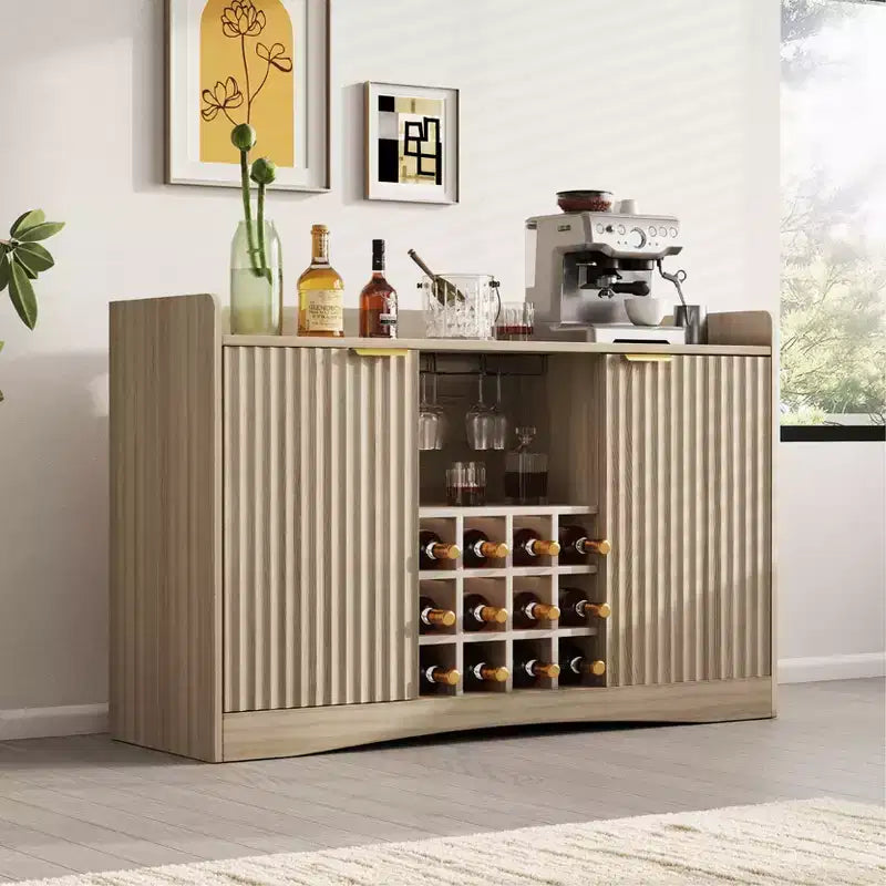 47W Modern Wine Bar Cabinet Freestanding Coffee Bar Cabinet with 9 Glass Holders & 12 Wine Racks Wooden Sideboard Buffet Cabinet Brown