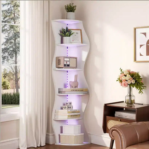 VECELO 5-Tier Wave Corner Shelf Tall Vertical Storage Display Shelf for Small Spaces & Living Room White