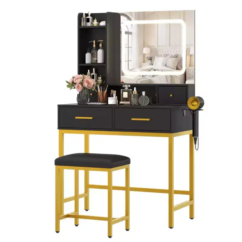 GustoWave Modern Vanity Desk with Mirror 4 Drawers 2 Shelves Makeup Table for Bedroom Dressing Room Black